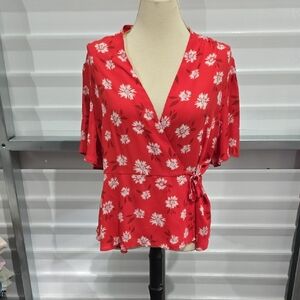 Maurices Red and White Flutter Sleeve‎ Wrap Blouse